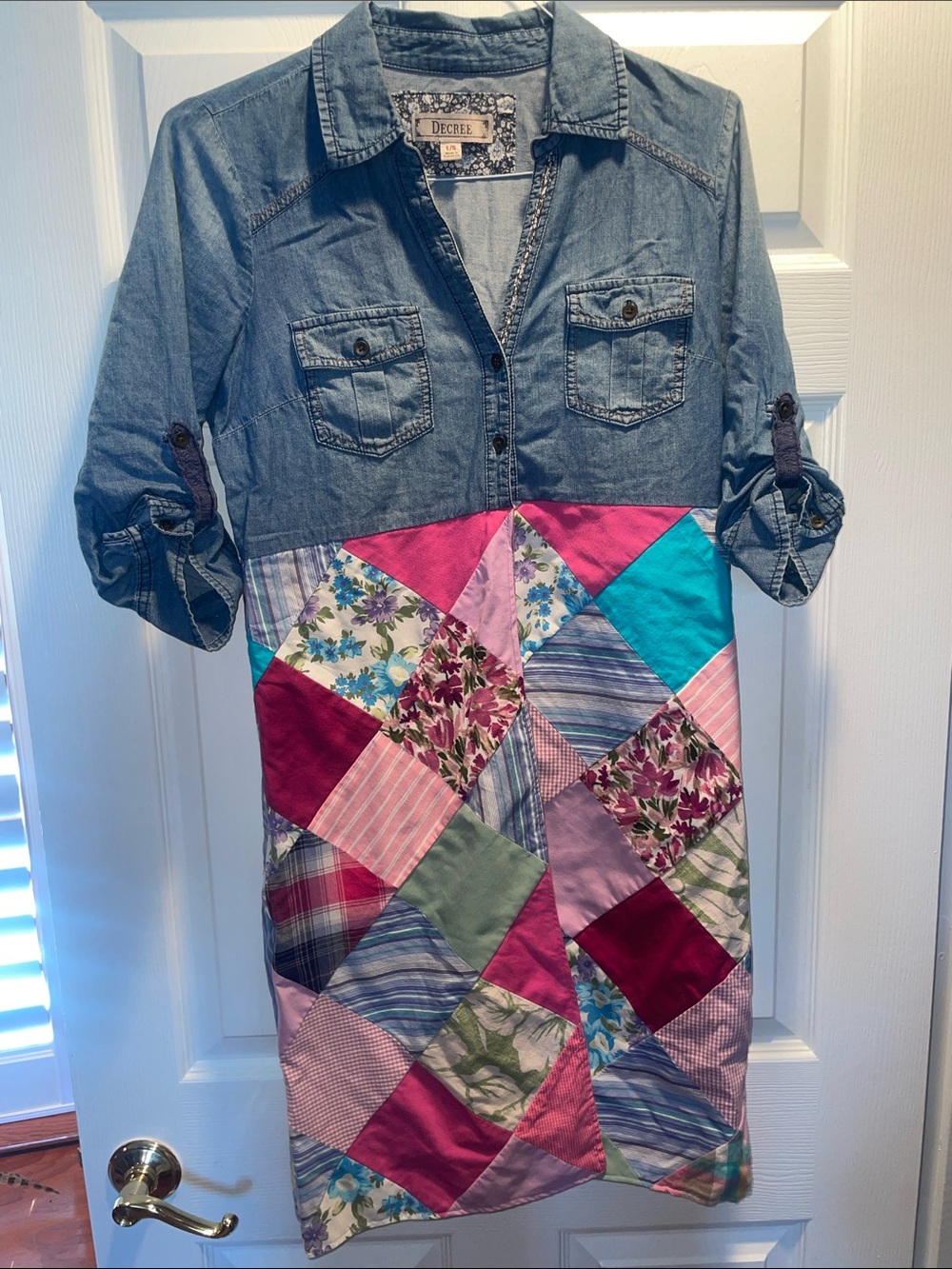 Decree Denim Patchwork Dress in Denim, Pink, Teal, Lavender and Green, Boho